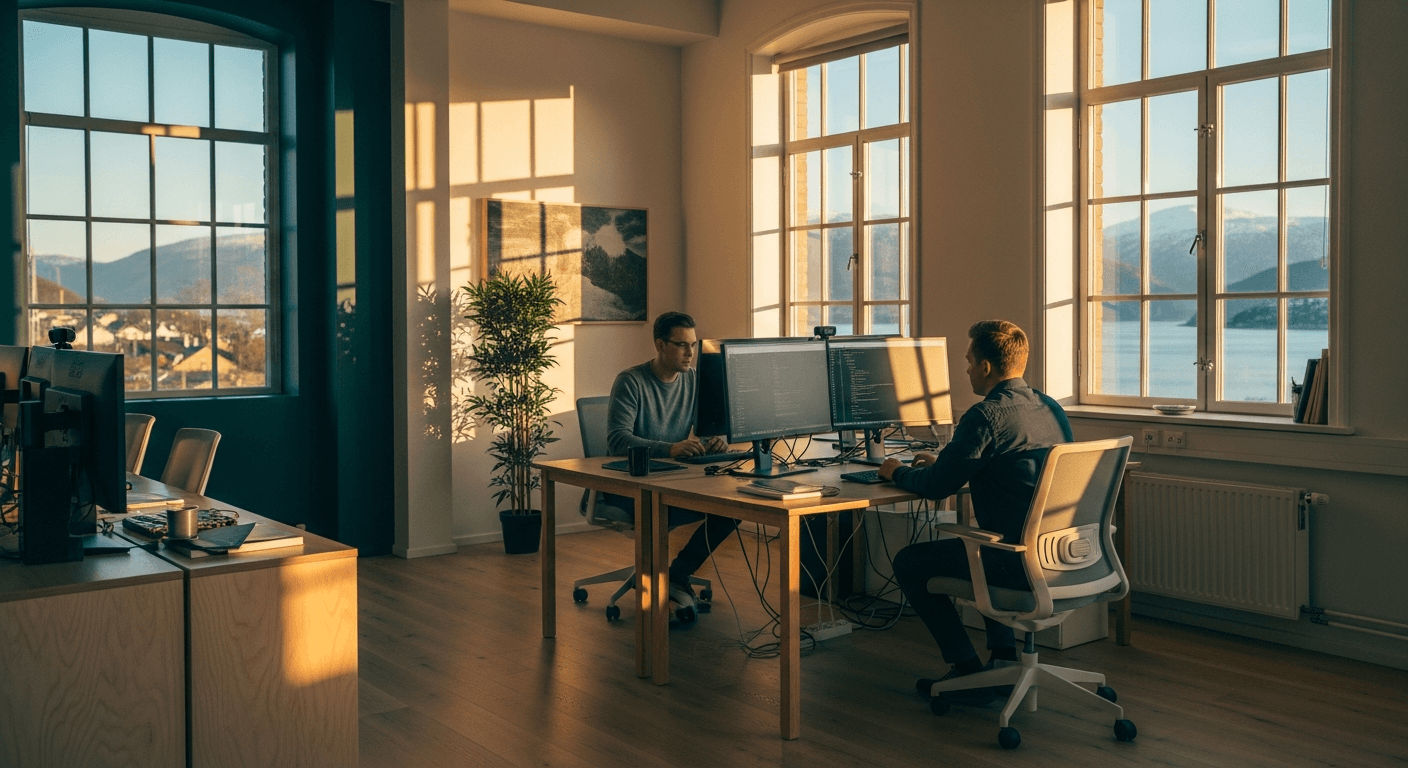 Norsk utviklingsmiljø — to utviklere som samarbeider på en webløsning i et lyst Oslo-kontor